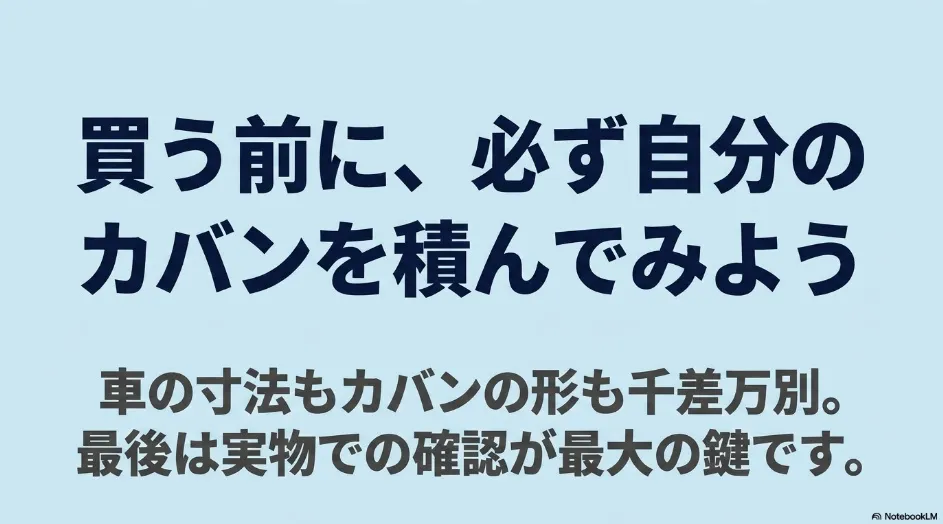 シエンタ購入前に実際のゴルフバッグを使って試し積みする重要性を伝えるスライド