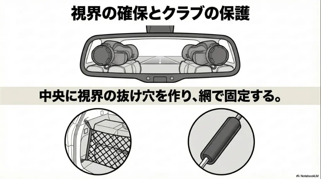 バックミラーの視界を確保するために中央に空間を作り、ラゲッジネットで荷物を固定して安全を確保する方法