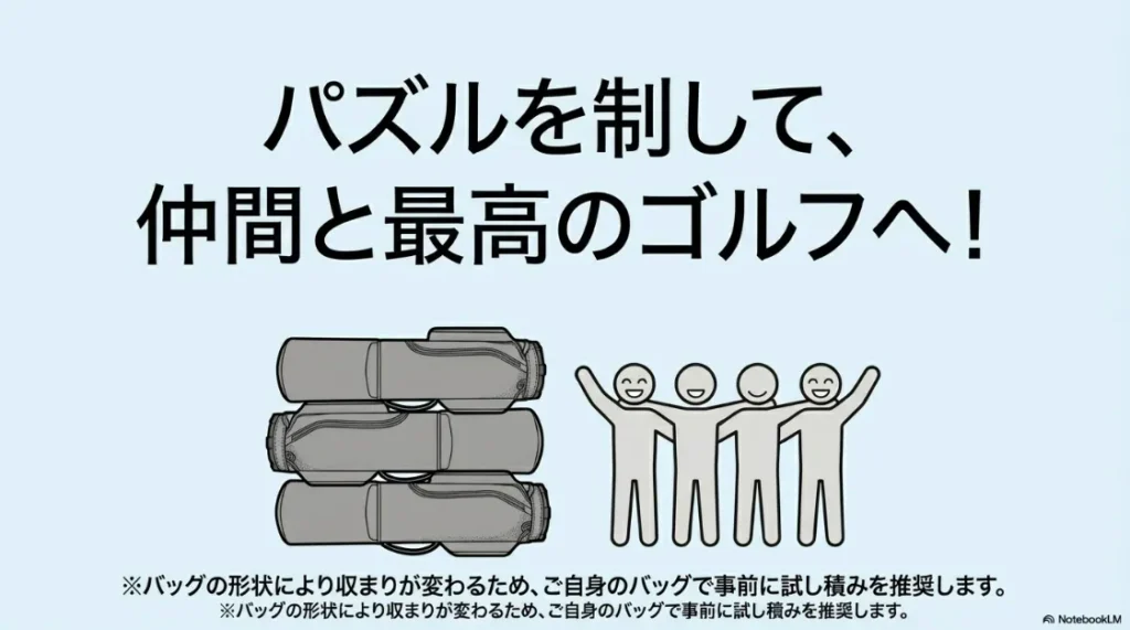 ゴルフバッグ積載パズルを制したイメージ図と、事前に自分のバッグで試し積みを推奨するまとめスライド