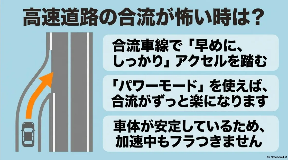 高速道路の合流車線でパワーモードを活用し安定して加速するイメージ図