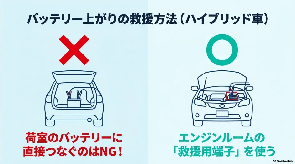 シエンタハイブリッドのバッテリー上がりでは荷室の補機バッテリーではなくエンジンルームの救援用端子を使う