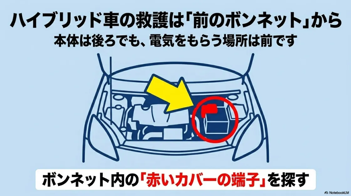 シエンタハイブリッド車の救護方法。本体は後ろでも、電気をもらう場所はボンネット内の赤いカバーの端子であることを示すイラスト。
