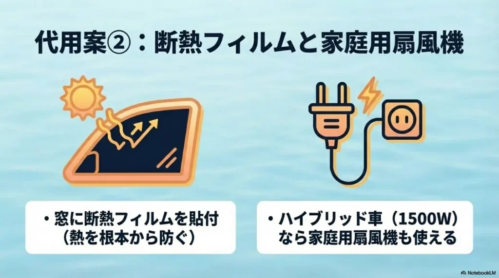 断熱フィルムでの熱遮断と、ハイブリッド車の電源を活用した家庭用扇風機の代用アイデア
