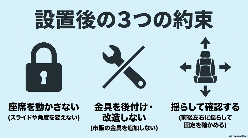 シエンタへISOFIXチャイルドシートを取り付けた後は座席を動かさず、金具を改造せず、本体を前後左右に揺らして固定を確認することを示す図