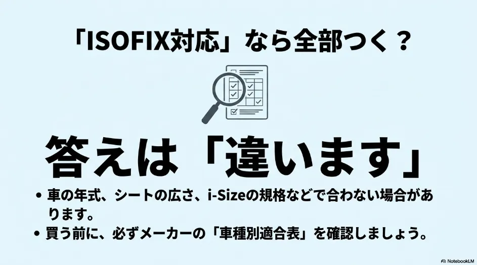 ISOFIX対応チャイルドシートでも車両の年式や座席サイズによってシエンタへ取り付けられない場合があることを示す注意スライド