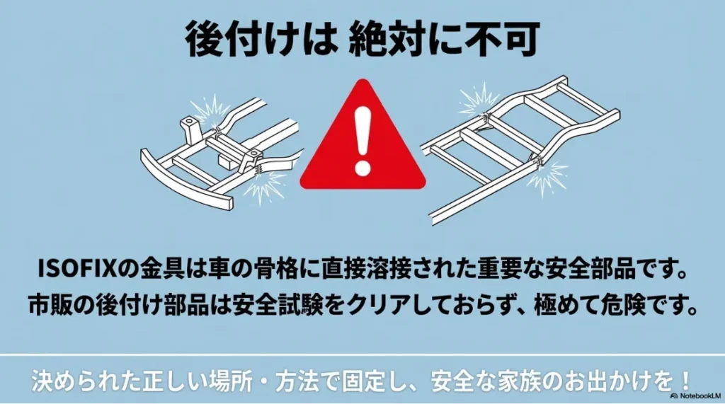 ISOFIX金具は車の骨格に溶接された部品であり、後付けは絶対に不可であることを説明する安全警告の図解。
