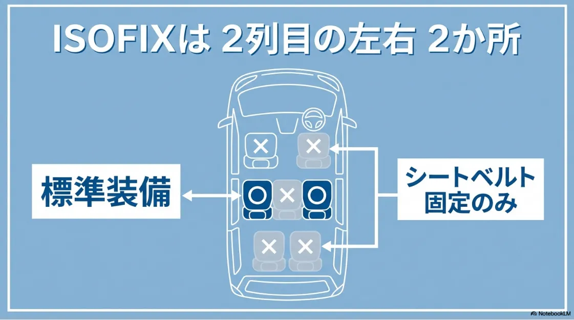シエンタの座席図。ISOFIXが2列目左右の2か所に標準装備されており、助手席や3列目はシートベルト固定のみであることを示す図解。
