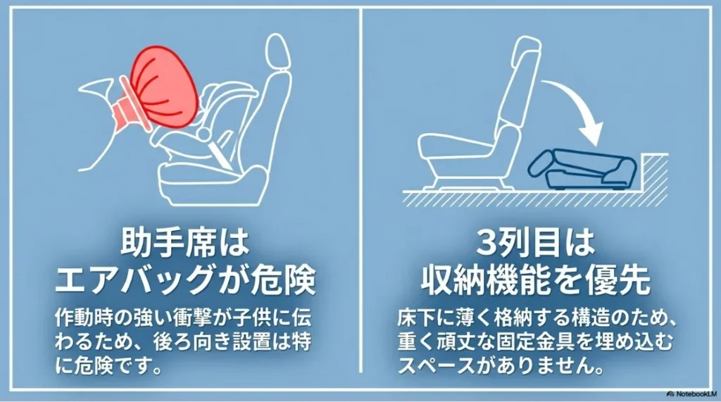 助手席でのエアバッグ作動による危険性と、3列目シートが床下収納構造のためISOFIX金具の設置スペースがないことを説明するイラスト。