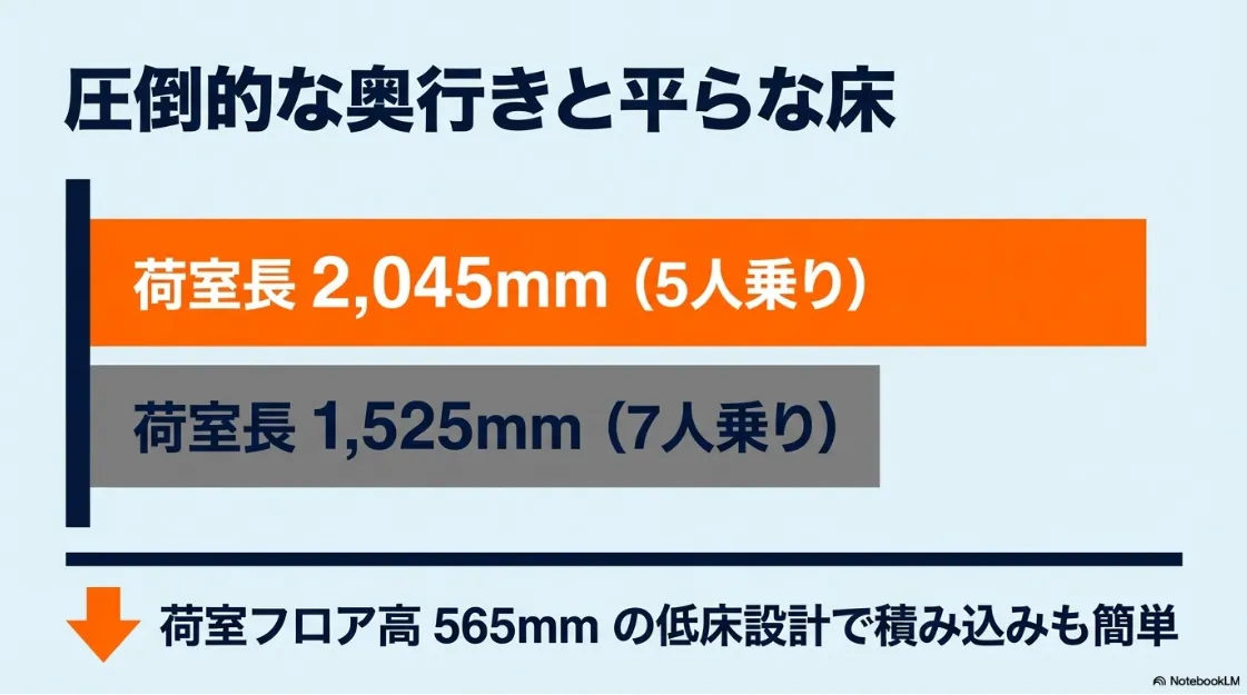 シエンタ5人乗り（2,045mm）と7人乗り（1,525mm）の荷室長比較と、565mmの低床設計を示す図解。