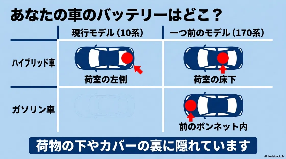 シエンタの型式別バッテリー位置一覧表。10系ハイブリッドは荷室左側、170系ハイブリッドは荷室床下、ガソリン車はボンネット内と記載。