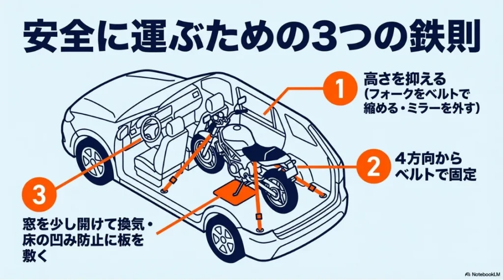 バイクを安全に運ぶ3つの鉄則。フォークを縮めて高さを抑える、4方向固定、換気と床の保護
