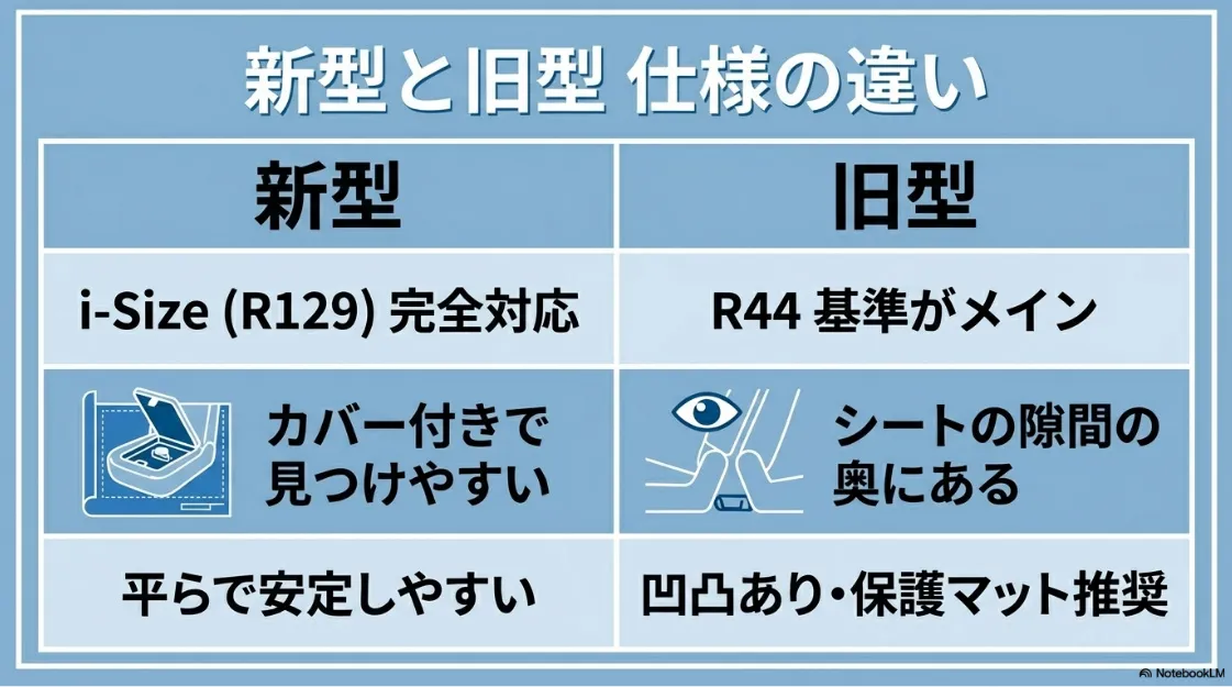 新型シエンタ（10系）と旧型シエンタ（170系）のISOFIX仕様の違いをまとめた表。安全基準、アンカーの形状、シートの安定性の比較。