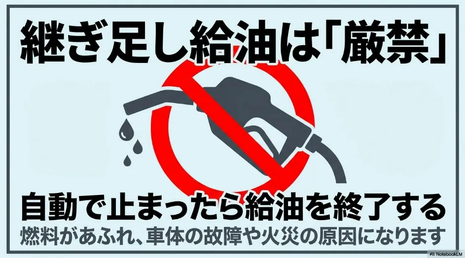 シエンタへの給油はノズルが自動停止した時点で終了し継ぎ足し給油をしないことを示す図