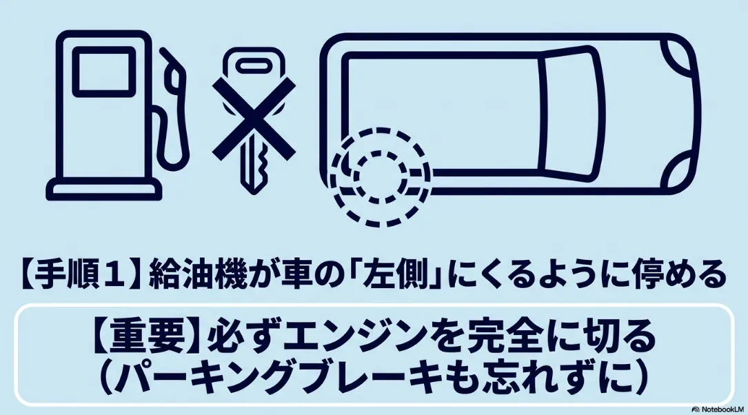 シエンタの給油手順1 給油機が左側にくるように停め、エンジンを完全に切る
