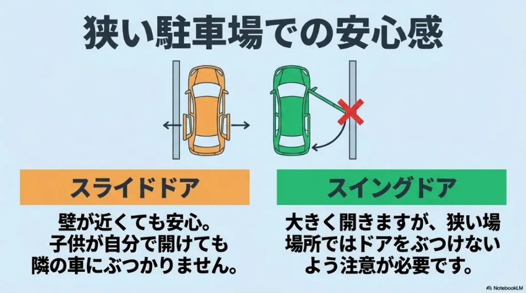 スライドドアとスイングドアの比較図。狭い駐車場で壁が近くても安心なシエンタのスライドドアと、開閉時に注意が必要なライズのスイングドアの解説。