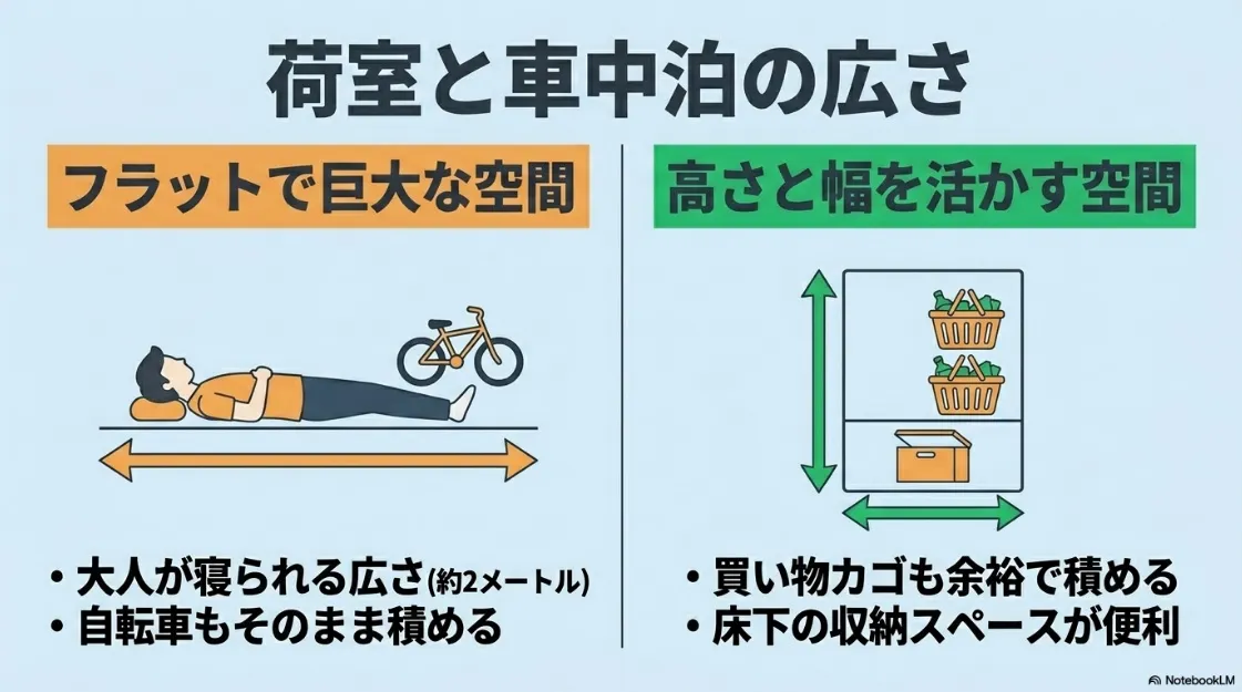荷室と車中泊の広さの比較。シエンタはフラットで自転車も積める広大な空間、ライズは高さと幅を活かして買い物カゴや床下収納が便利な空間であることの解説。