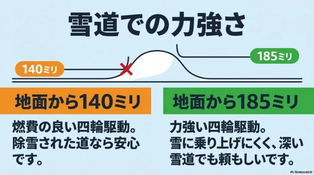 雪道での力強さの比較。最低地上高140ミリのシエンタと、185ミリで深い雪道でも頼もしいライズの走破性の違い。