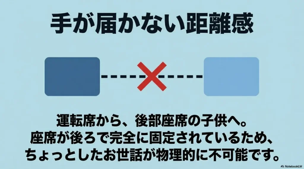運転席から後部座席の子供へ手が届かない距離感を説明する図解。座席が後ろで固定されているため、お世話が物理的に不可能な様子