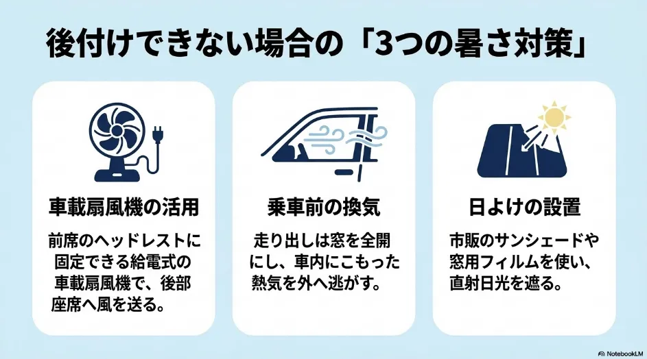 シエンタの後席暑さ対策として車載扇風機、乗車前の換気、サンシェードなどの日よけを紹介するスライド