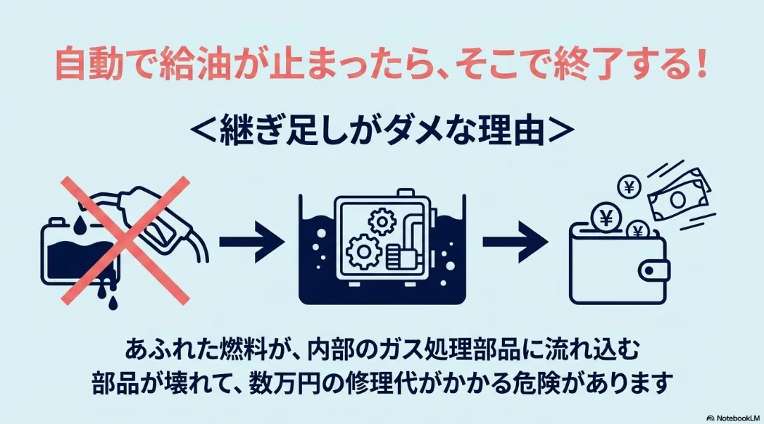 給油の自動停止後は継ぎ足し厳禁。部品故障で高額修理のリスクあり