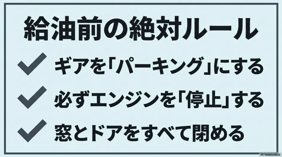 シエンタの給油前にシフトをPにしてエンジンを停止し窓とドアを閉める安全確認
