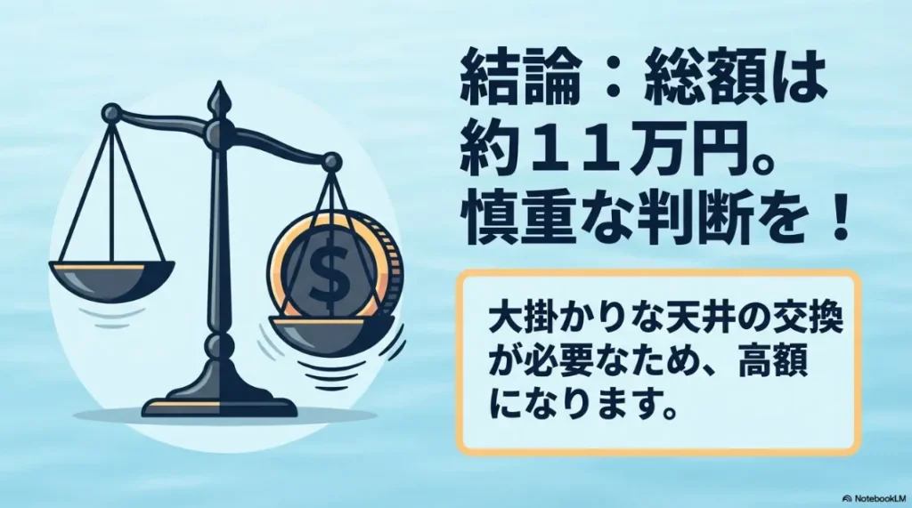 結論として総額は約11万円であり、天井の交換が必要なため慎重な判断を促すスライド
