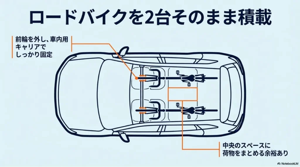 シエンタ車内にロードバイク2台を前輪を外して積載し、中央に荷物スペースを確保する配置イメージ。