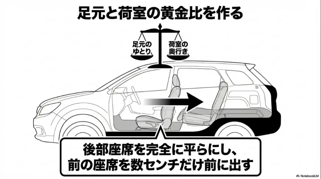 後部座席を完全に平らにし、前席を数センチ前に出すことで足元のゆとりと荷室の奥行きを両立させる「黄金比」の設定方法 