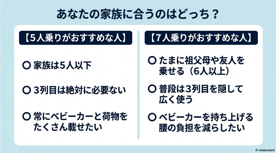 ベビーカーを載せる家庭に向けてシエンタの5人乗りと7人乗りが適している人を比較した図