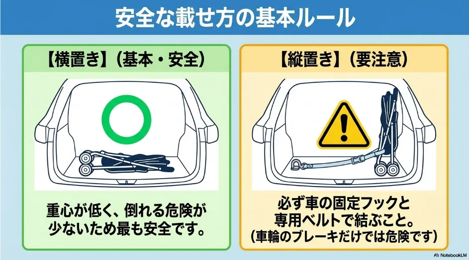 シエンタの荷室ではベビーカーを横置きする方法が基本で縦置きする場合は固定フックとベルトが必要であることを示す図