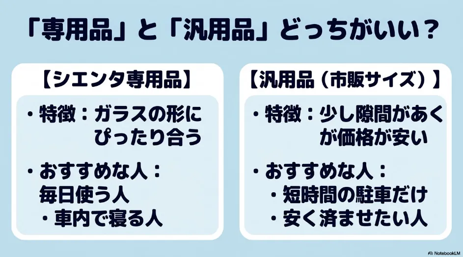 シエンタ専用品と汎用品を比較し、毎日の使用や車中泊には専用品、短時間の駐車や価格を抑えたい場合には汎用品が向くと示したスライド