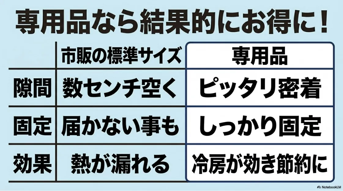市販の標準サイズと専用品の隙間・固定・効果を比較した表