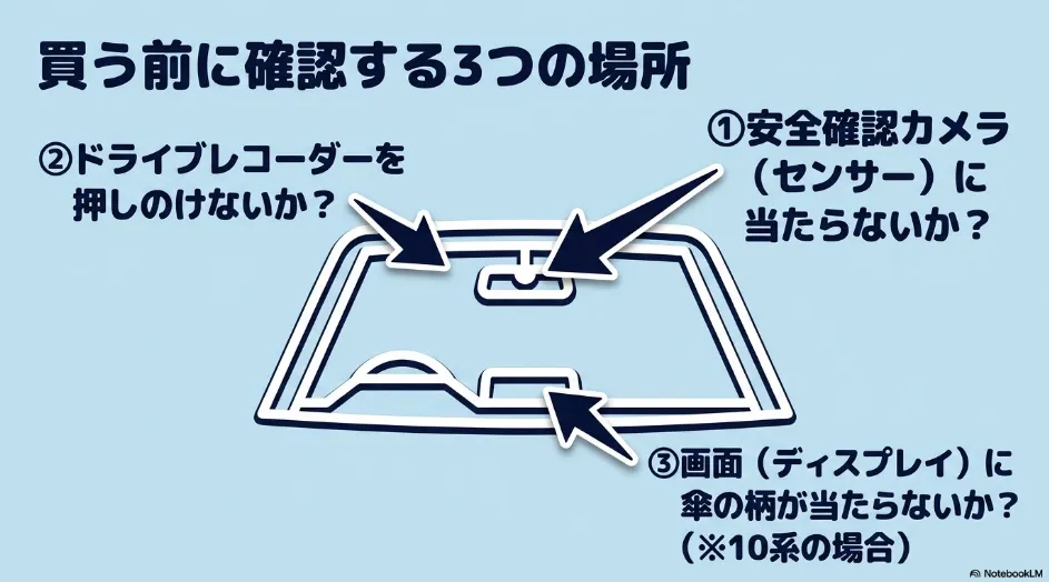 フロントガラスの図に、安全確認カメラ、ドライブレコーダー、ディスプレイへサンシェードが干渉しないか確認する3項目を示したスライド