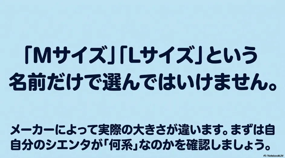 MサイズやLサイズという名称だけではサンシェードを選べず、メーカーごとの実寸とシエンタの世代確認が必要だと説明するスライド