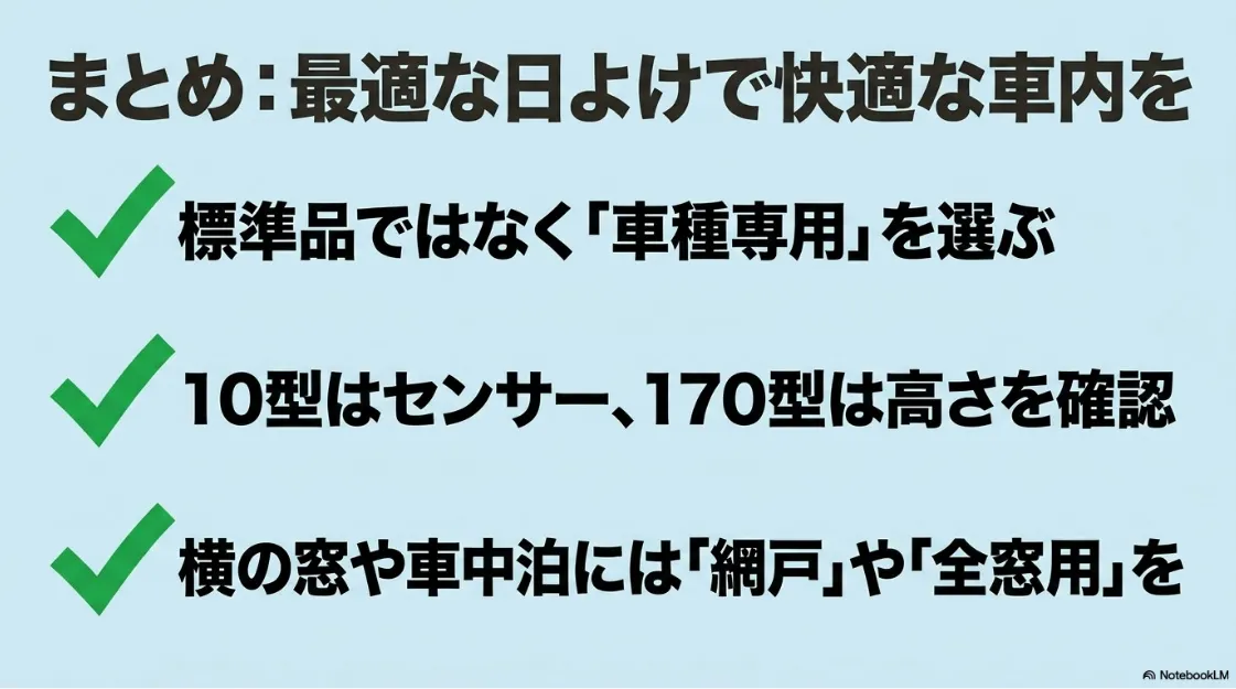 シエンタに最適な日よけ選びのまとめ。専用品の選択やセンサー・高さの確認ポイント