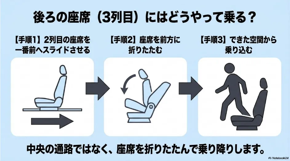 シエンタの2列目シートをスライドして折りたたみ、3列目へ乗り込む手順