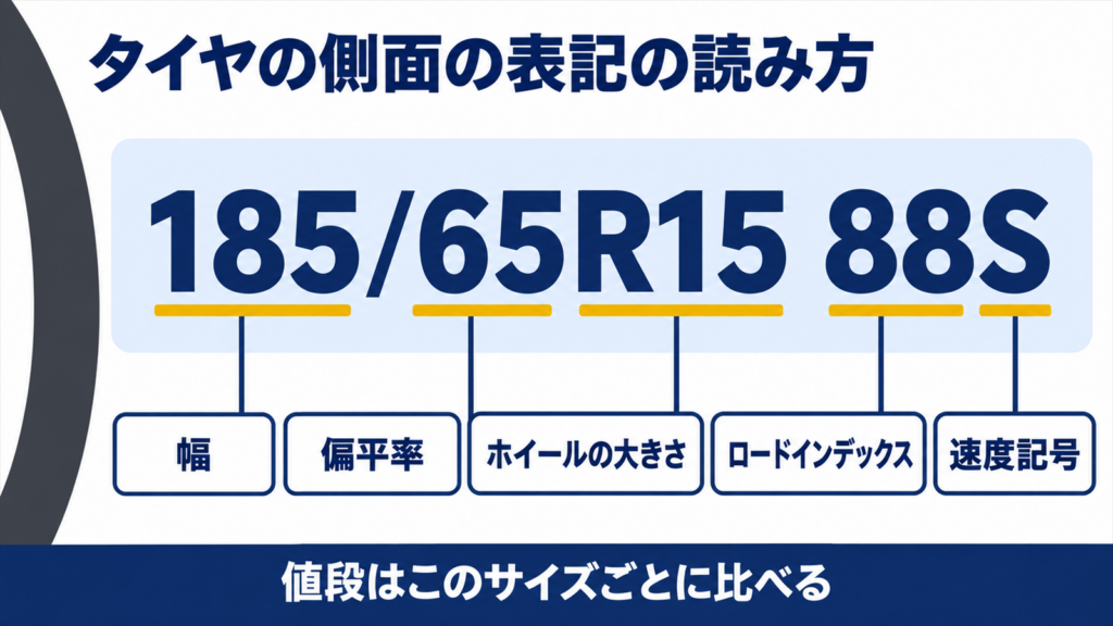 タイヤの側面にある185/65R15 88Sの表記の読み方を示した図