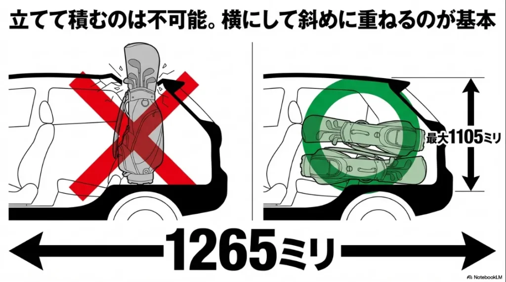 シエンタの荷室サイズ（幅1265mm、高さ1105mm）と、バッグを立てずに横・斜めに重ねる基本ルールの解説