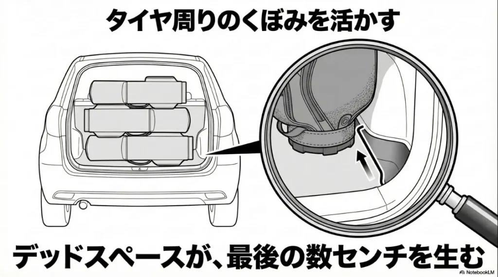 シエンタのタイヤ周りのくぼみを活用して、ゴルフバッグを積むための最後の数センチのスペースを生み出すデッドスペース活用術