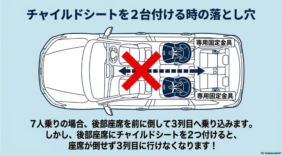 シエンタ7人乗りの2列目左右にチャイルドシートを2台設置するとシートを倒せず3列目への通路を作れないことを示す図