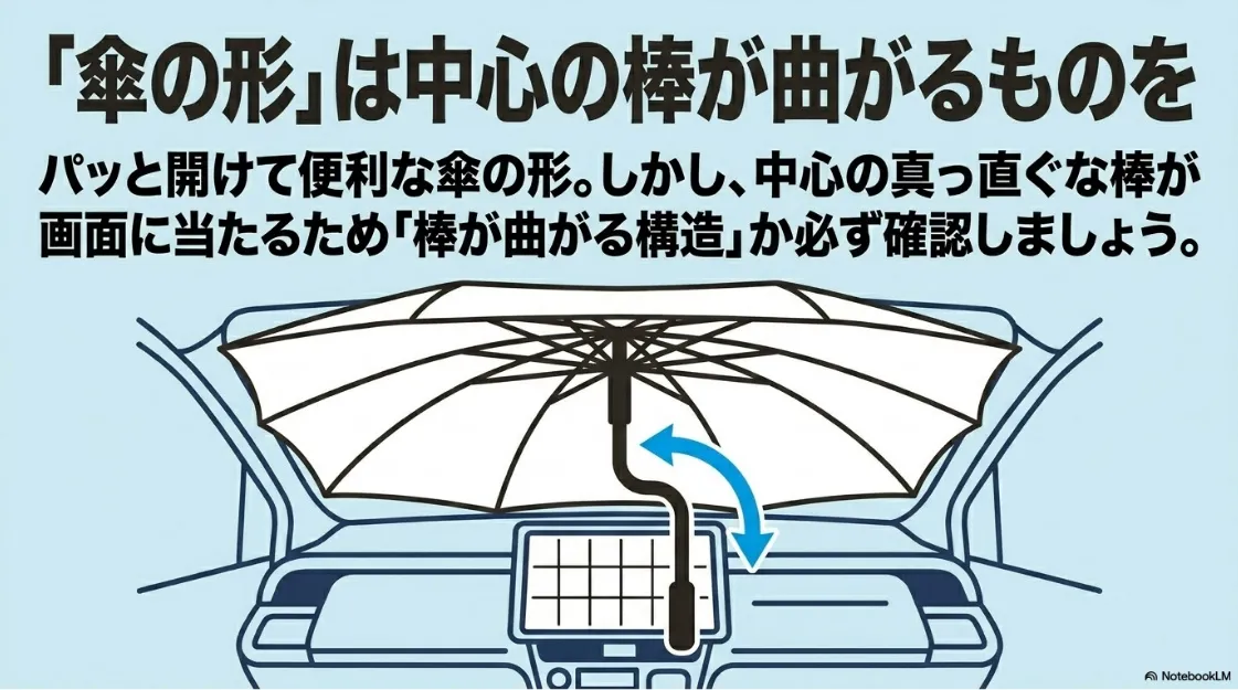 傘型サンシェードでナビ画面への干渉を防ぐための「棒が曲がる構造」の解説図