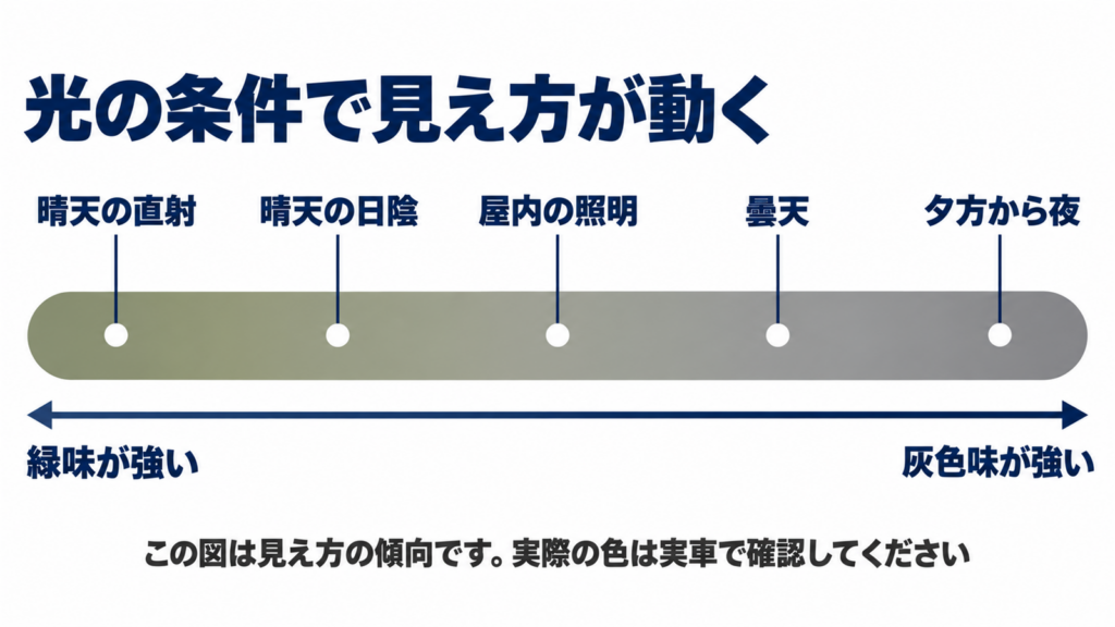 光の条件によって見え方が緑味の強い側から灰色味の強い側へ動くことを横軸で示した図