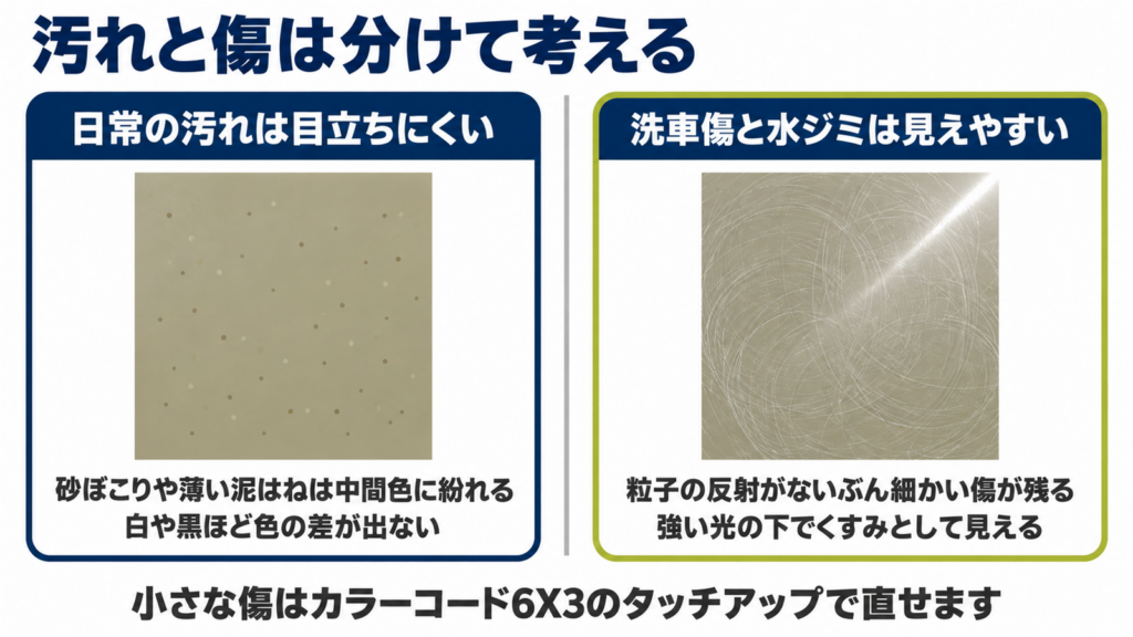 日常の汚れは目立ちにくく、洗車傷と水ジミは見えやすいことを左右で対比した図