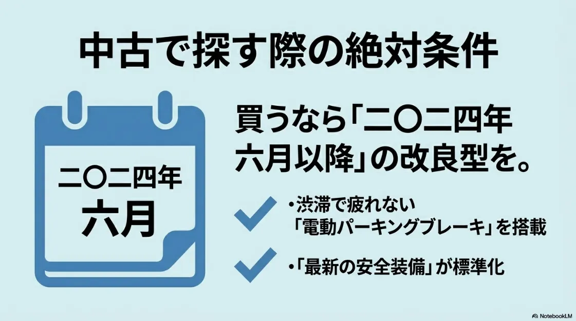 中古で購入するなら2024年6月以降の改良型を選ぶべき理由（電動パーキングブレーキ搭載など）の解説