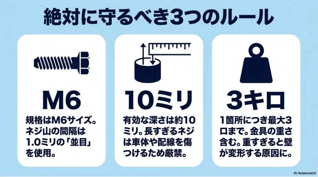 ユーティリティホール活用の3つのルール（M6規格、有効深さ10mm、耐荷重3kg）の解説図 