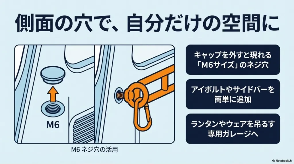 シエンタ荷室のM6ネジ穴を活用し、アイボルトやサイドバーを取り付けてランタンなどを吊るすカスタム例。