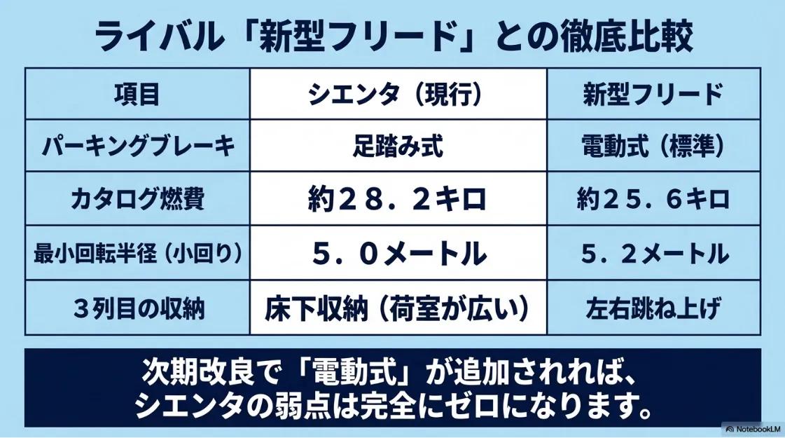 シエンタ（現行）と新型フリードのパーキングブレーキ、燃費、最小回転半径、3列目収納方式を比較したデータ表スライド