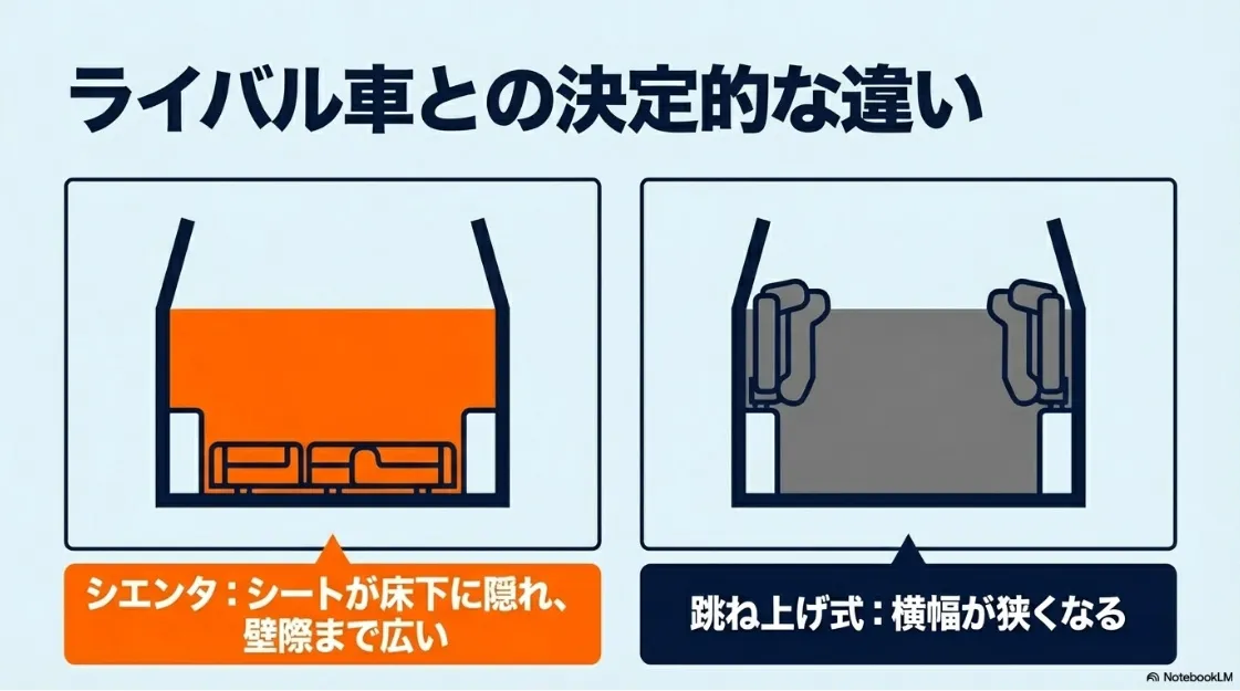 シエンタの床下格納シートと他社の跳ね上げ式シートの比較図。シエンタは壁際まで広く使えるメリットを解説。