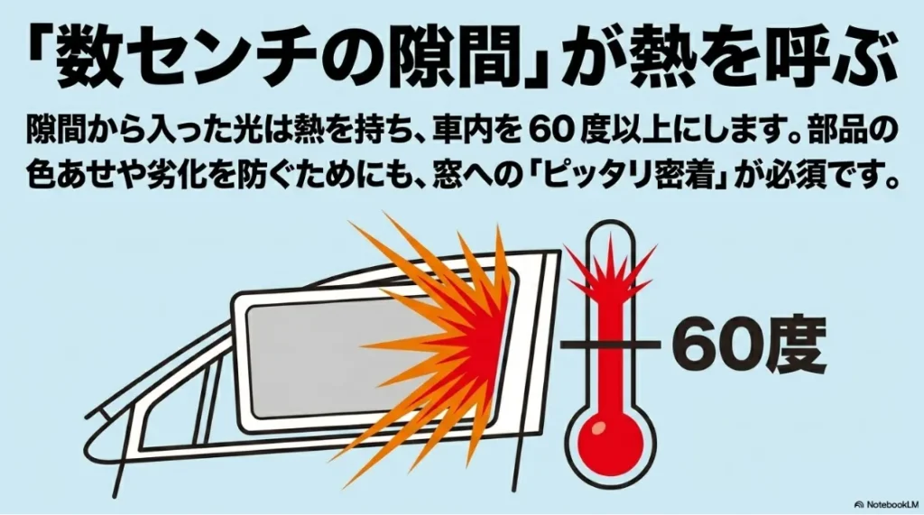 数センチの隙間から入る直射日光が車内温度を60度以上にするリスクの解説図