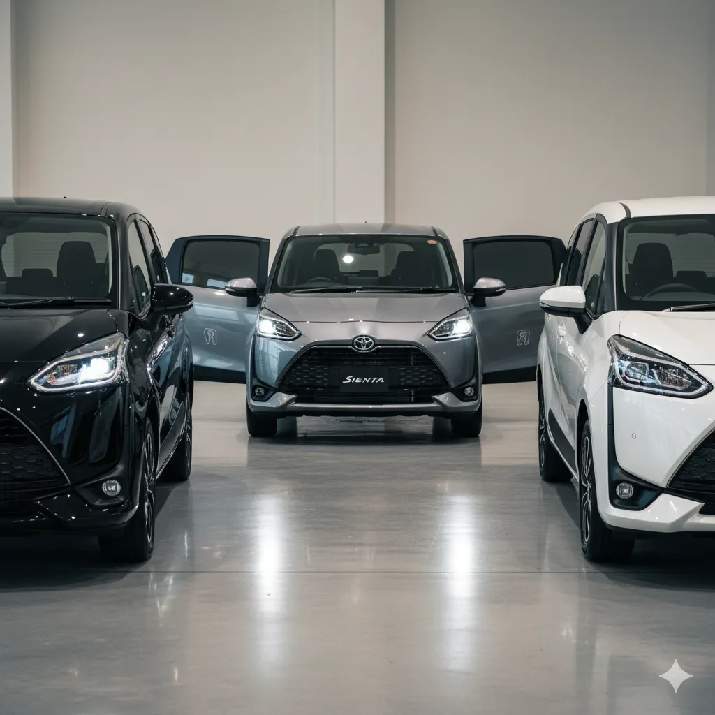 広いショールームに、黒、グレー、白の3台のトヨタ シエンタが展示されている。中央のグレーのシエンタはドアが開いている。